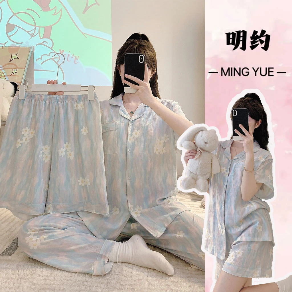 纾晳云/三件套2025新款睡衣女云朵棉夏季短袖宽松家居服大码套装
