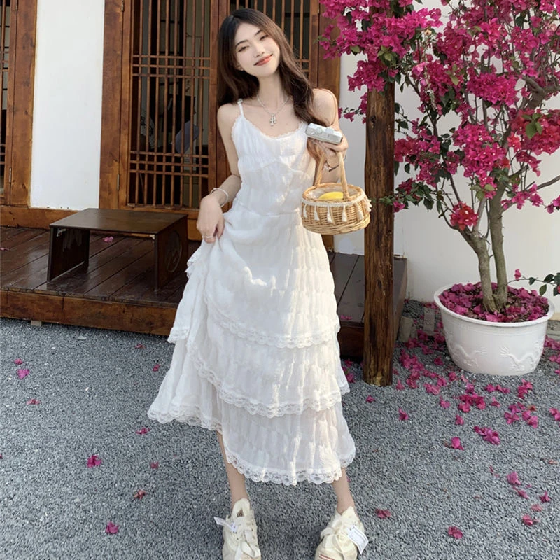 长短2个长度白色连衣裙气质蛋糕裙夏季新款吊带裙纯欲风蕾丝裙