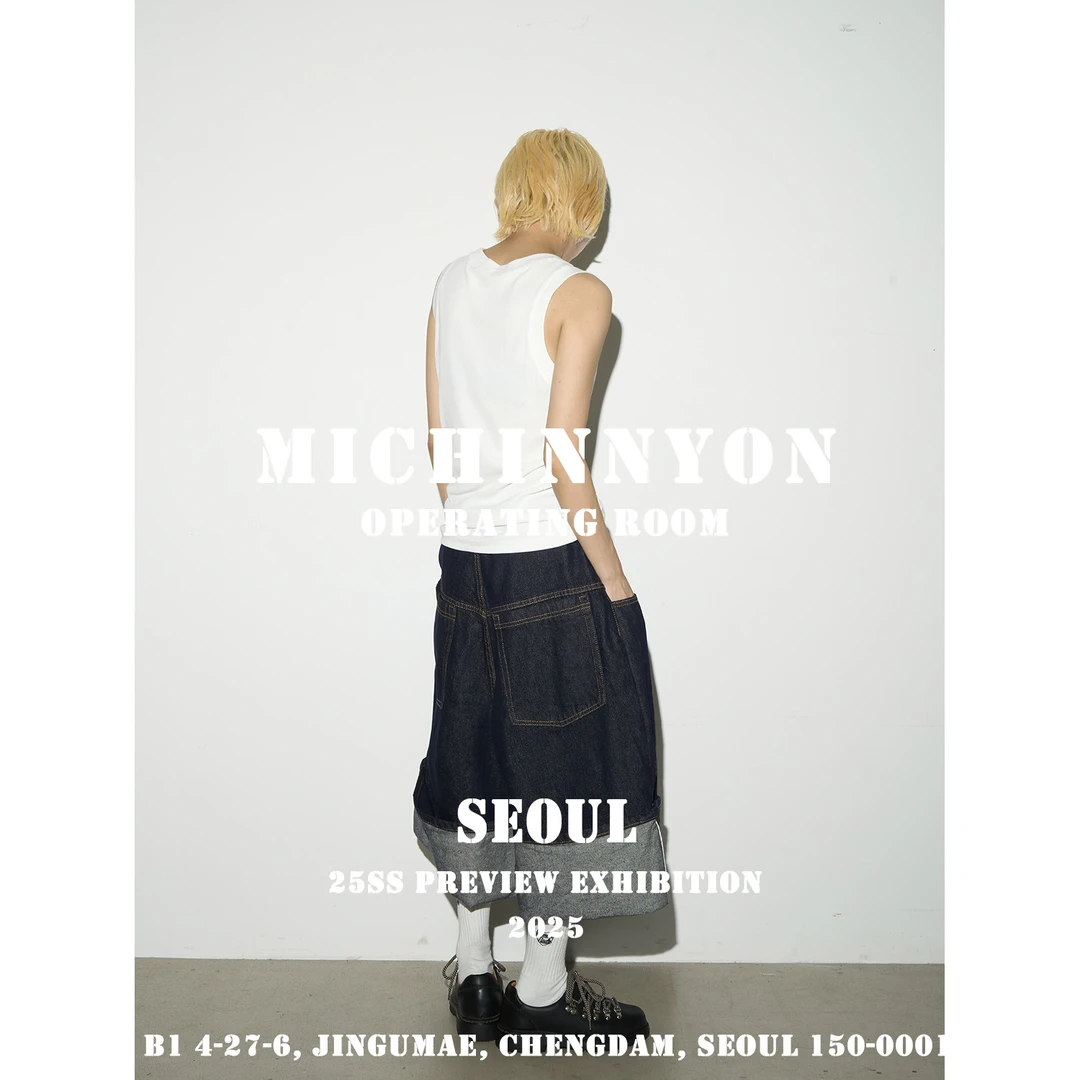 MICHINNYON「裤腿翻边」美式街头原色弧形解构宽松牛仔七分裤男女