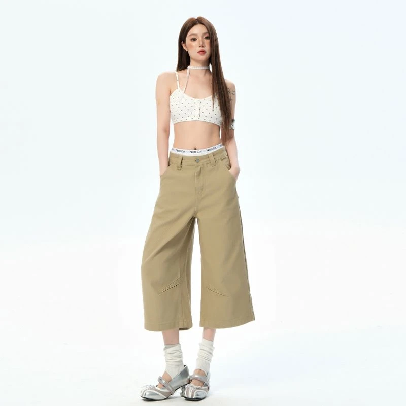 RJVO卡其色复古解构设计七分裤女宽松阔腿牛仔中裤时尚直筒短裤