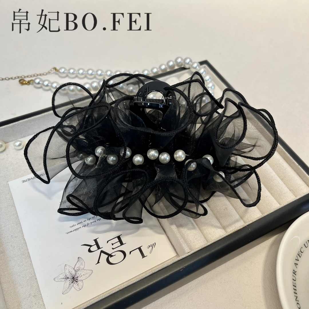 帛妃  黑色超仙高级感欧根纱串珠轻盈感11CM蝴蝶结时尚抓夹发饰