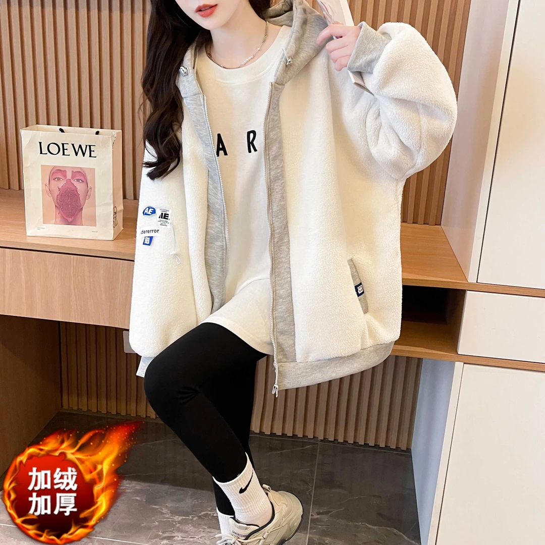 大码女装秋冬新款加绒加厚羊羔绒拼色连帽卫衣拉链开衫上衣外套潮