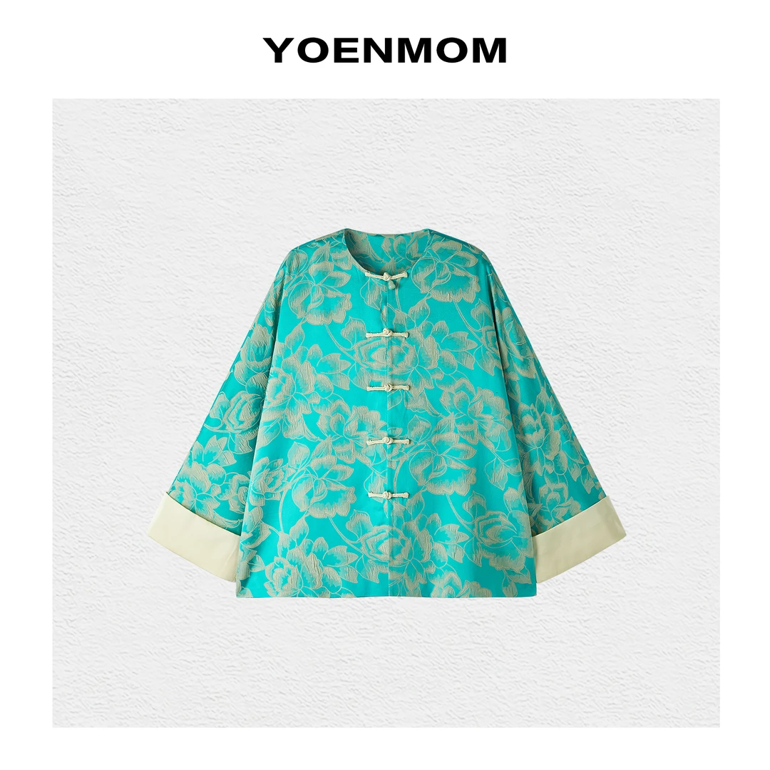 YOENMOM·清风蓝语·早春新品 真丝人丝提花国风盘扣撞色翻袖外套