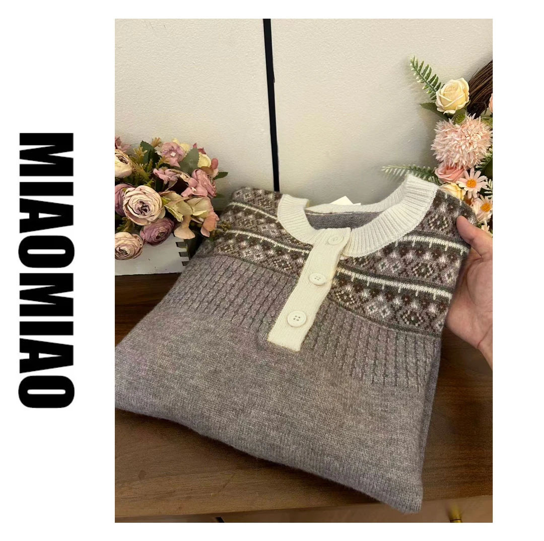 大码女装费尔岛提花毛衣女秋冬新款韩系慵懒设计感针织上衣K814