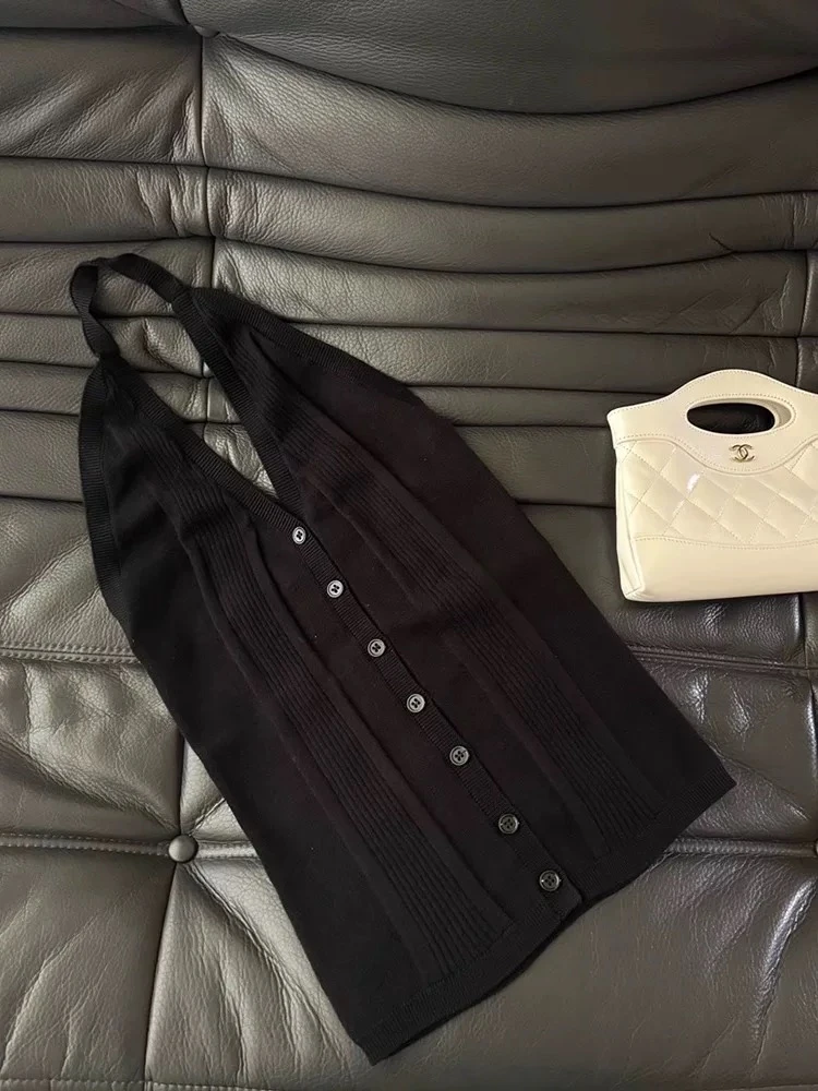 Danny 三角贴布挂脖吊带背心 夏季新款 露背针织上衣