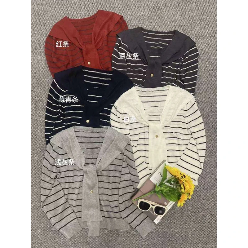 秋季网红围巾领拼色毛针织衫时尚韩版常规针织衫上衣条纹薄款女