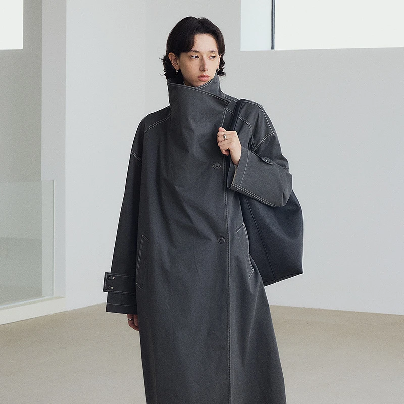 半圆女装[复古]2025秋季宽松长款直筒不对称翻领风衣女Q5511819