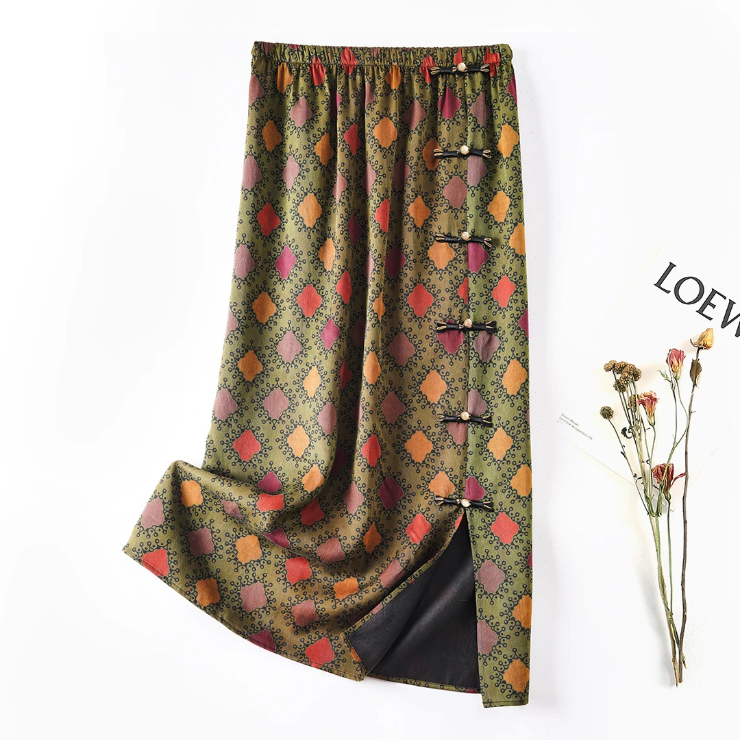 【新中式】100%桑蚕丝香云纱休闲风高端女装松紧腰盘扣真丝半身裙