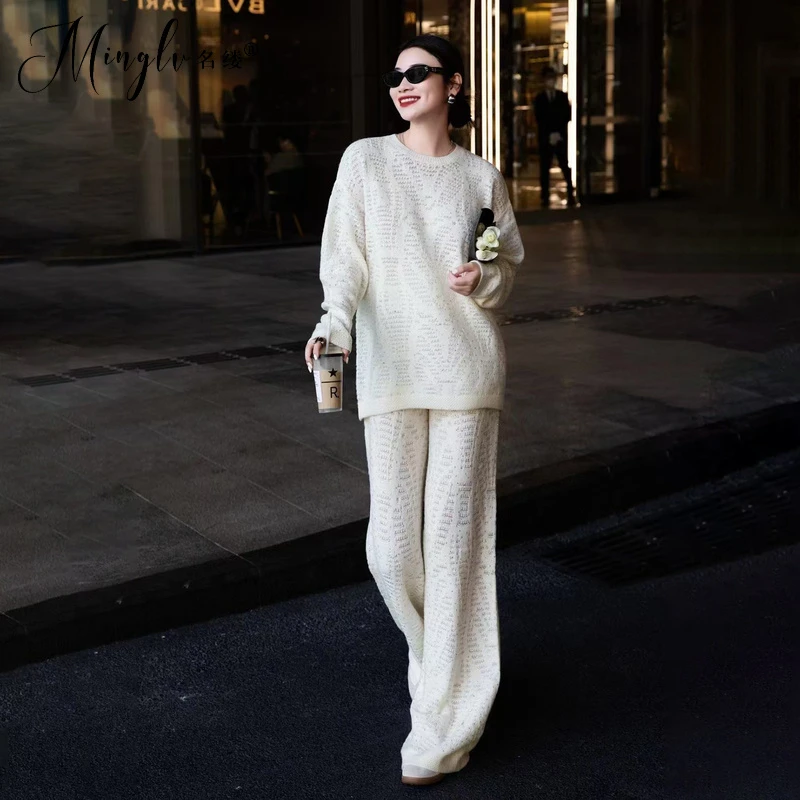 秋高级感时尚烫钻休闲针织套装慵懒风毛衣2025新款阔腿裤两件套