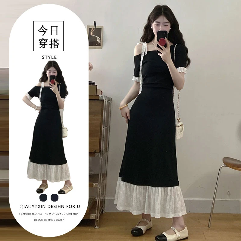 大码女装法式复古赫本风收腰显瘦露肩设计感拼接短袖洋气连衣裙子