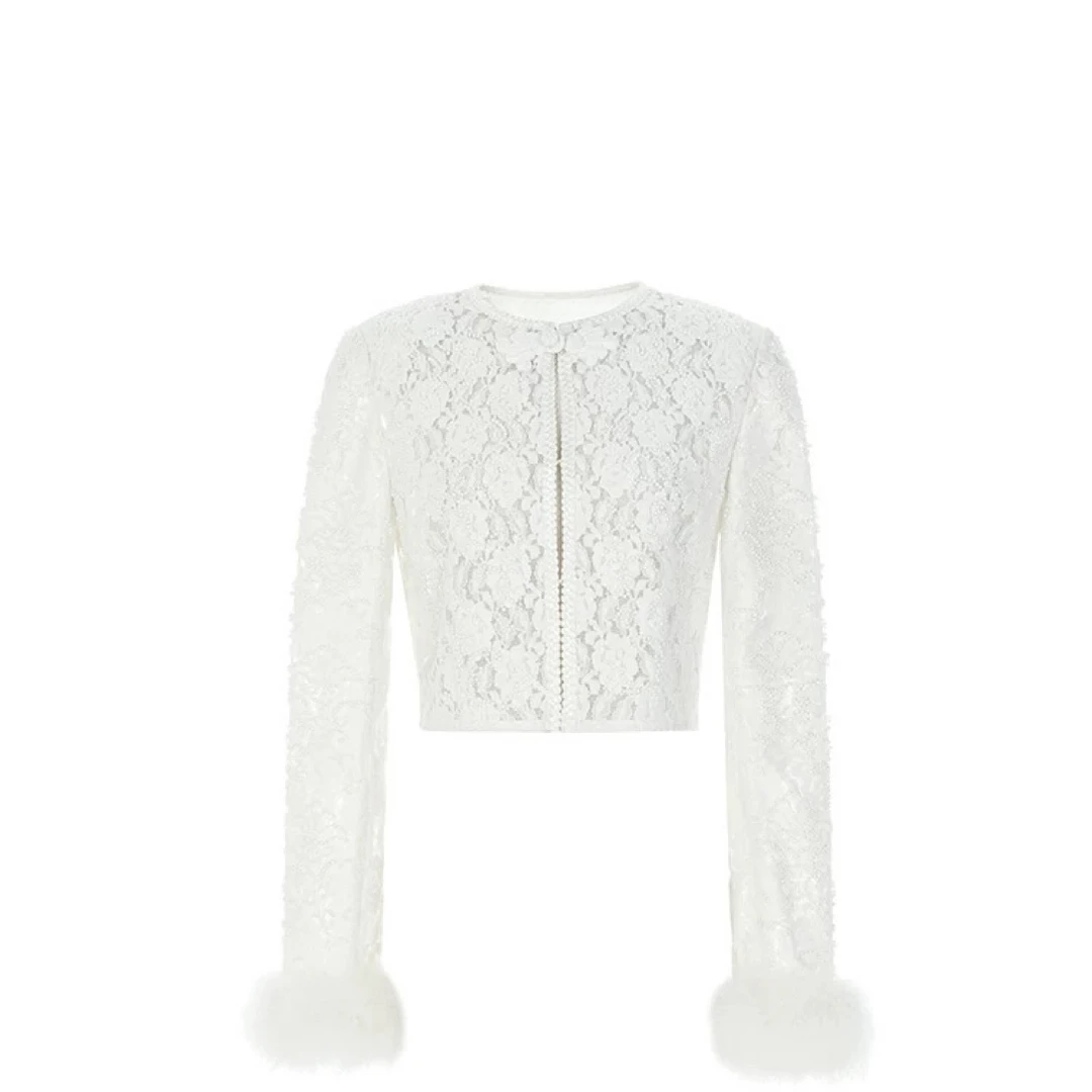 LeFame/拉飞姆冬中式设计羽毛上衣贝壳刺绣蕾丝外套LF24D11SC230