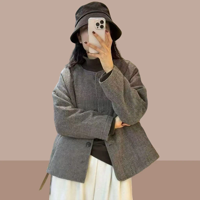 2025冬季圆领文艺复古棉衣外套女冬新款宽松休闲气质短款棉服上衣