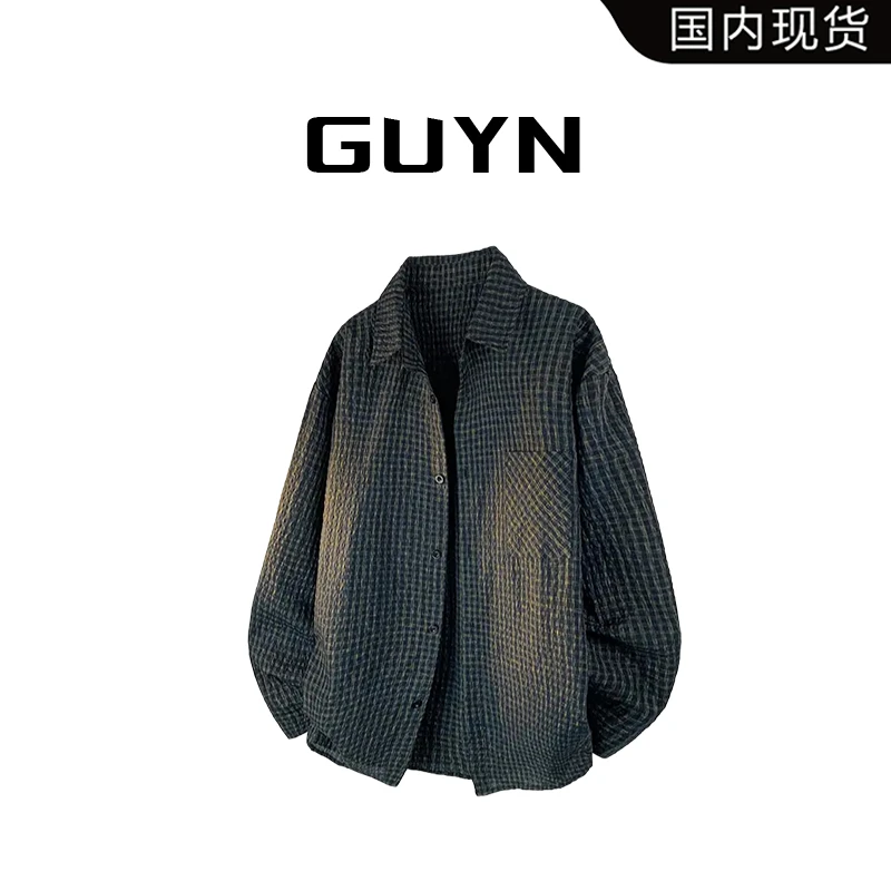 【品牌现货】GUYN小香风泡泡纱纹理感长袖衬衫秋季翻领格子大码衬衣