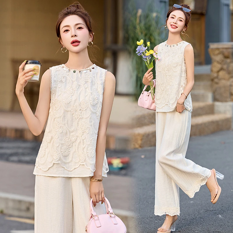 时尚套装套装吊带中式复古无袖阔腿裤女装民族风宽松显瘦气质夏季