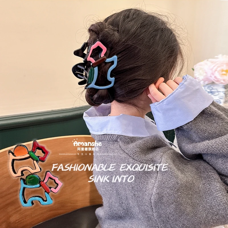 设计感拼色镂空小狗发夹甜美女孩后脑勺盘发抓夹宝宝盘发夹子头饰