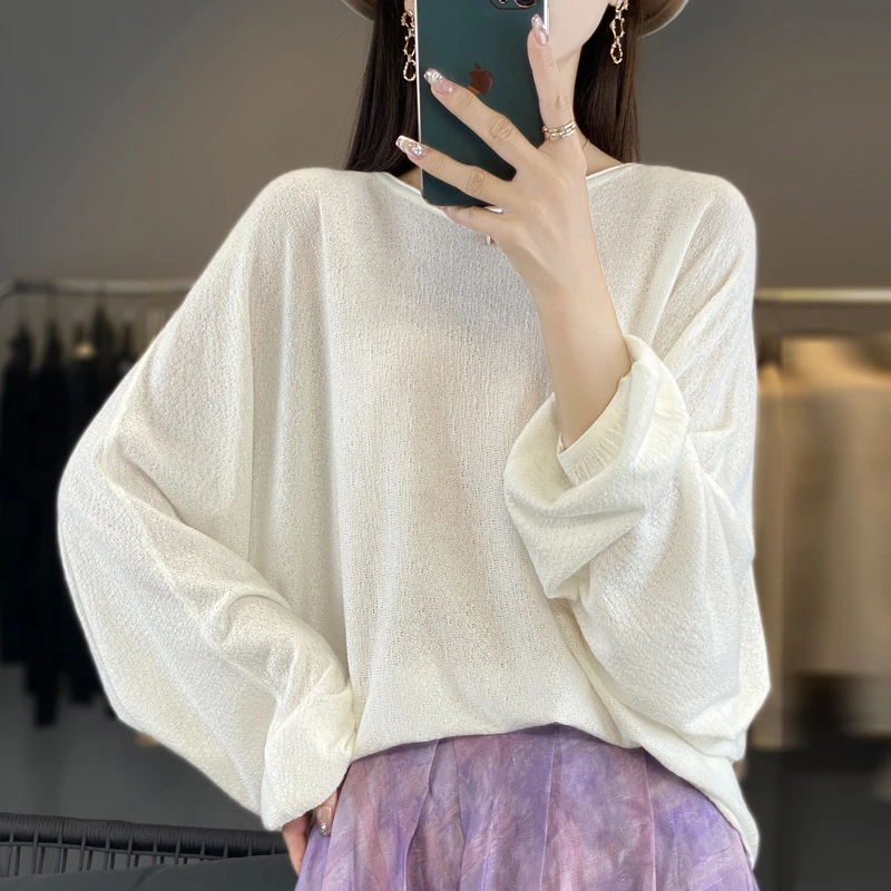 高端精纺羊毛长袖针织衫百搭宽松白色T恤 时尚设计感慵懒风打底衫