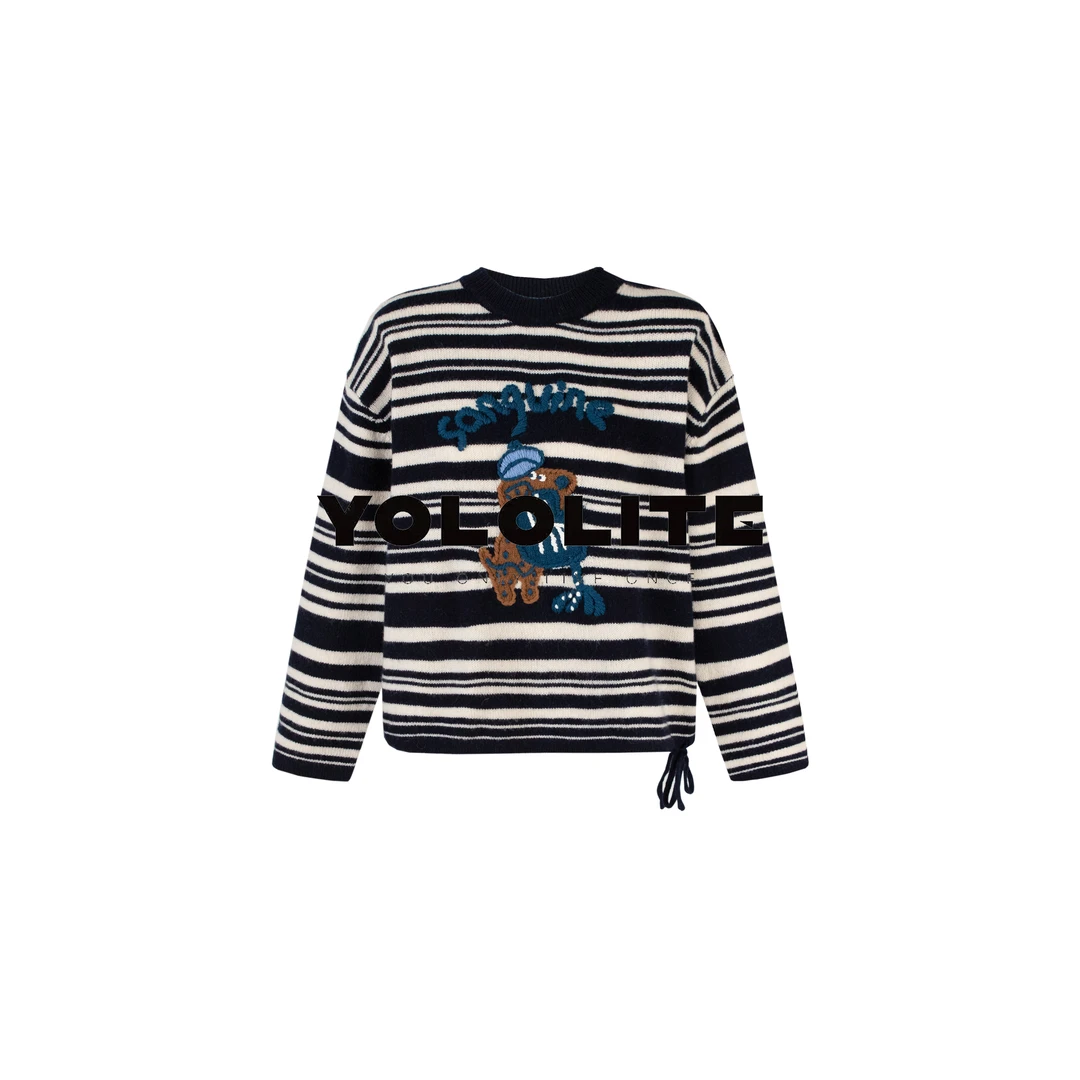 【饼干小狗】3716冬季新款100%绵羊毛小众卡通小狗刺绣条纹羊毛衫C