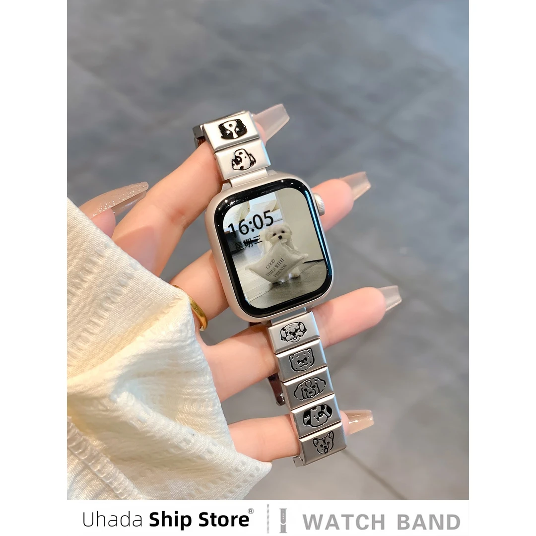uhada适用苹果手表表带可爱卡通金属小狗小猫智能iwatch表带小众
