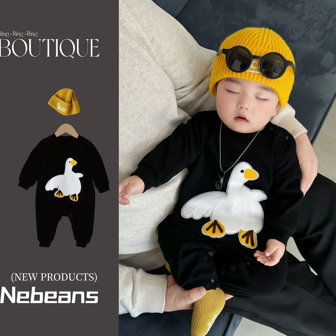 0-2岁潮款婴儿衣服 男女宝宝可爱小鸭新生儿春季新款连身哈衣爬服