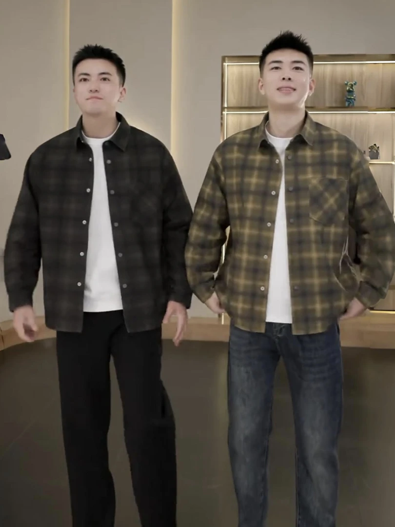 秋季新款潮牌美式复古格子翻领衬衫外套男高级感时尚牛仔夹克正品