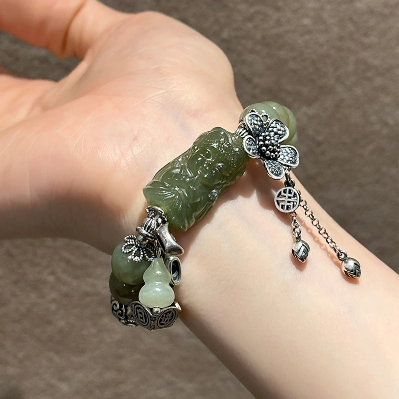 <一禅兄>扎基拉姆葫芦弹力手串S925银和田玉编织五瓣花 多样性