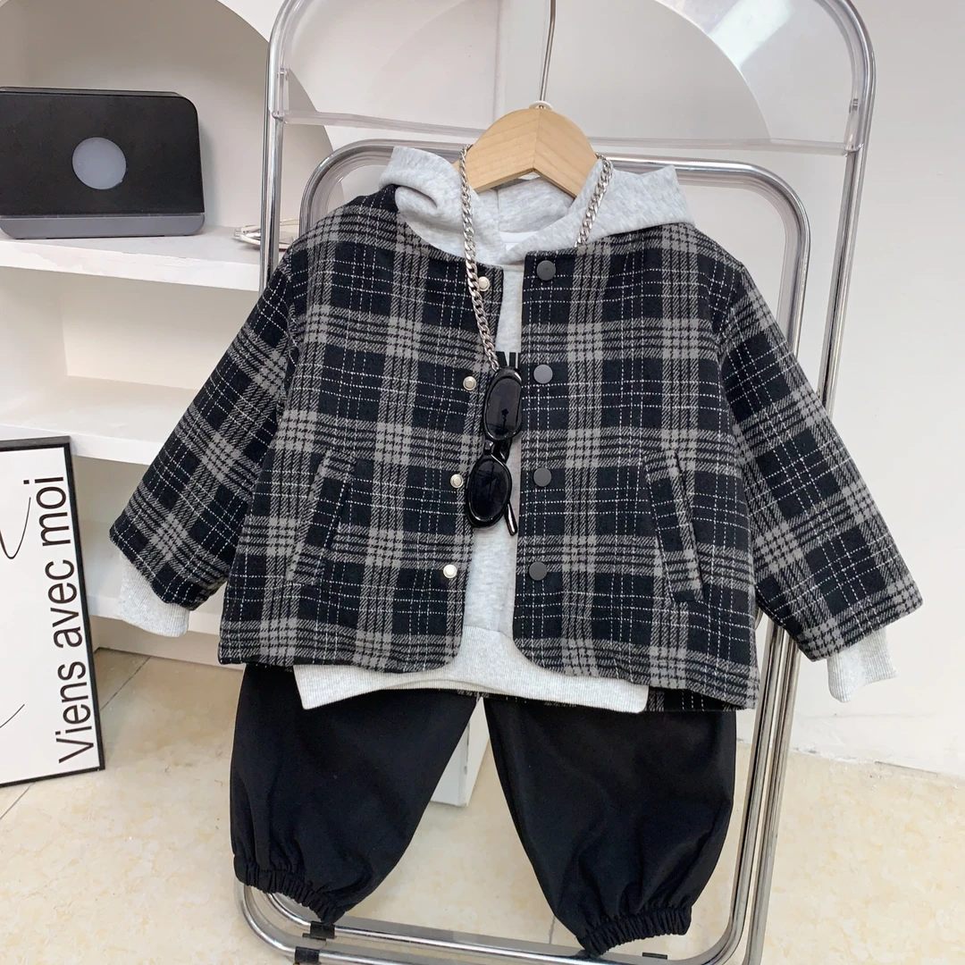 儿童冬款休闲套装男童夹棉格子外套加绒连帽卫衣加绒格子裤套装