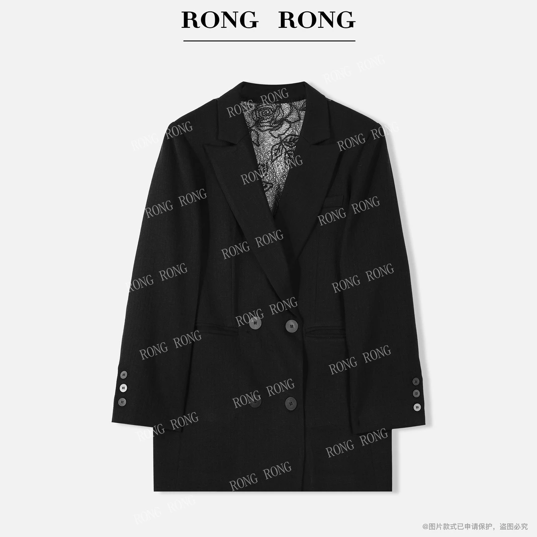 溶溶【圣罗玫瑰】RONRGONG 莱赛尔亚麻拼接珠片蕾丝廓形西装RR25672