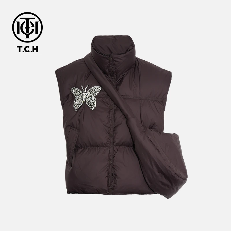 TCH下架秋冬网红感烫钻时尚淑女咖色羽绒马甲T75D25E1001轻奢tch