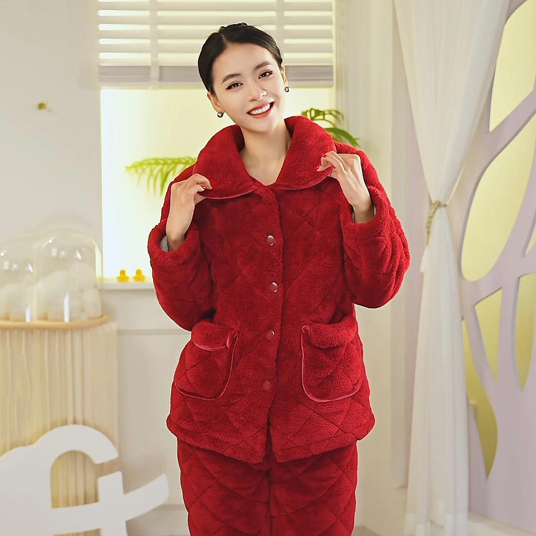 芬腾【安可拉红加绒夹棉】秋冬加绒翻领防静电睡衣女士家居服套装