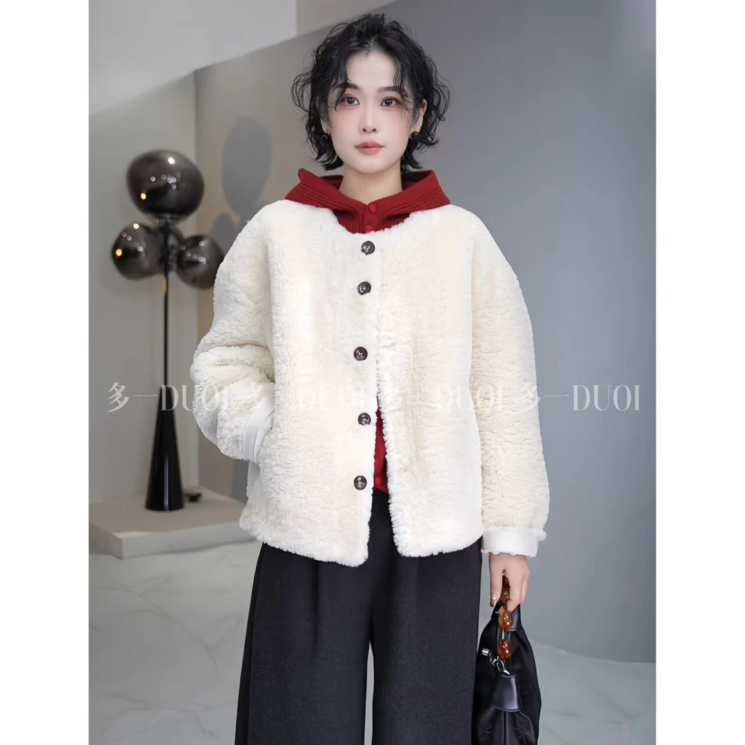 多一“奶油慕斯”2024冬季简约高级感小香风圆领单排扣显瘦毛毛外套
