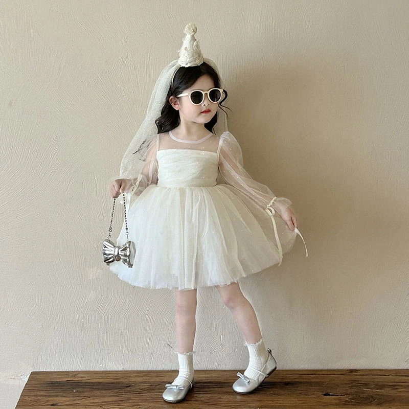 2025春”纯净花蕾”女童泡泡袖闪闪网纱连衣裙dy916