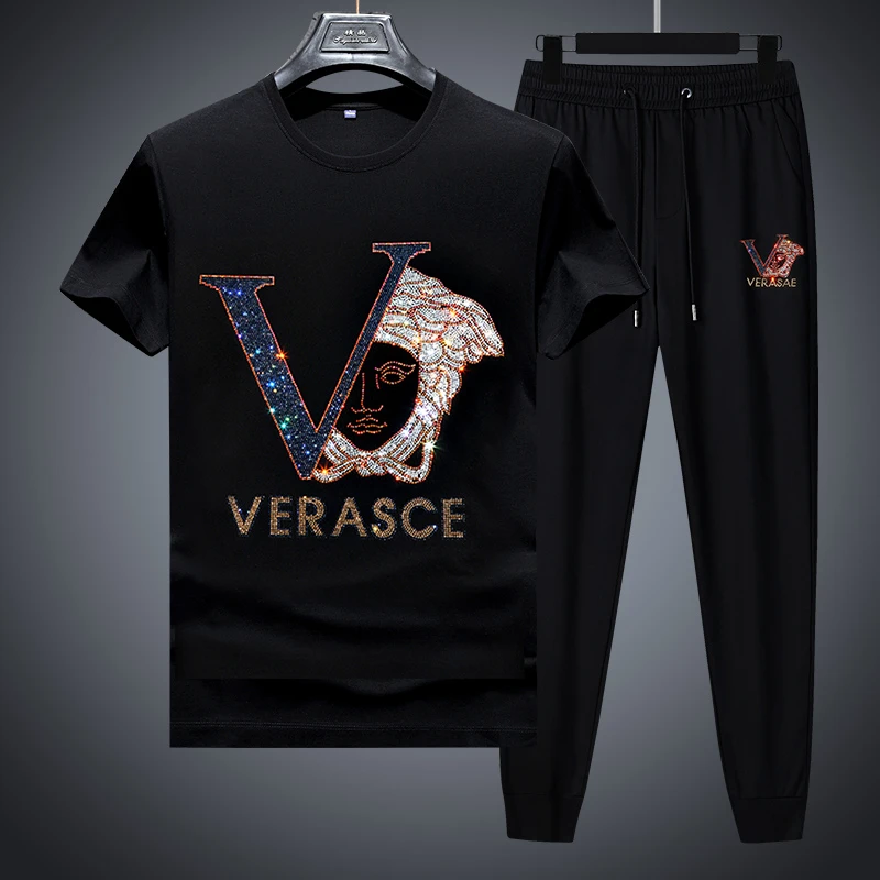 夏季新款烫钻休闲运动套装针织衫短袖男束脚裤圆领半袖两件套男装