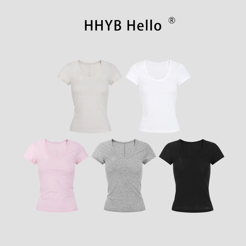 HHYB Hello爆款修身U领短袖T恤女2025夏新款高级不撞款上衣250183