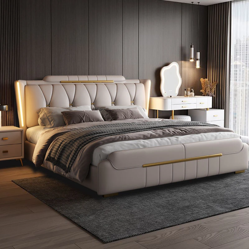 意式轻奢真皮床现代简约双人床主卧大床1.8米婚床极简皮床