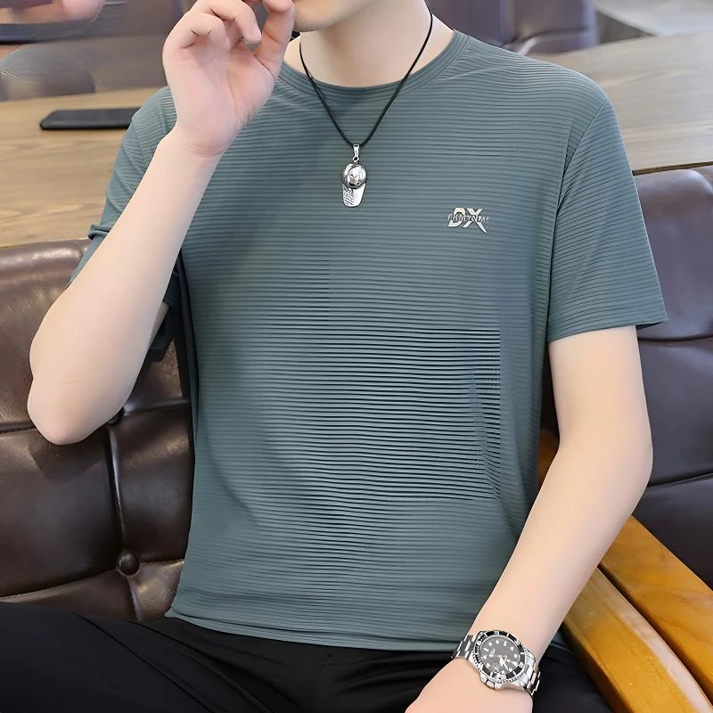 费维莫尔男士短袖T恤2025新款夏季半袖条纹休闲正品高端冰丝T恤衫