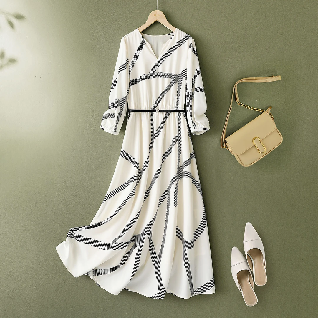 IHIMI/海谧2025秋款时尚小V领几何图案印花收腰气质连衣裙2B016