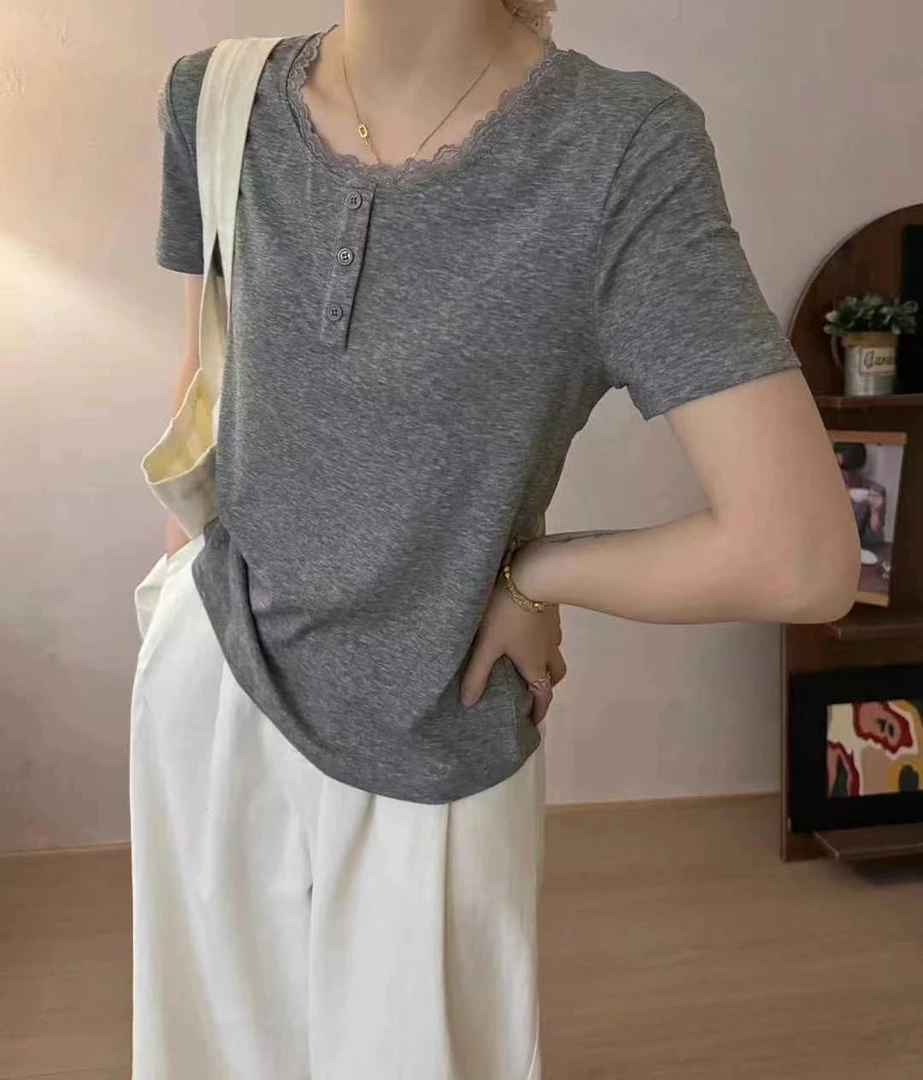 白色U领蕾丝短袖T恤夏季宽松显瘦百搭薄款