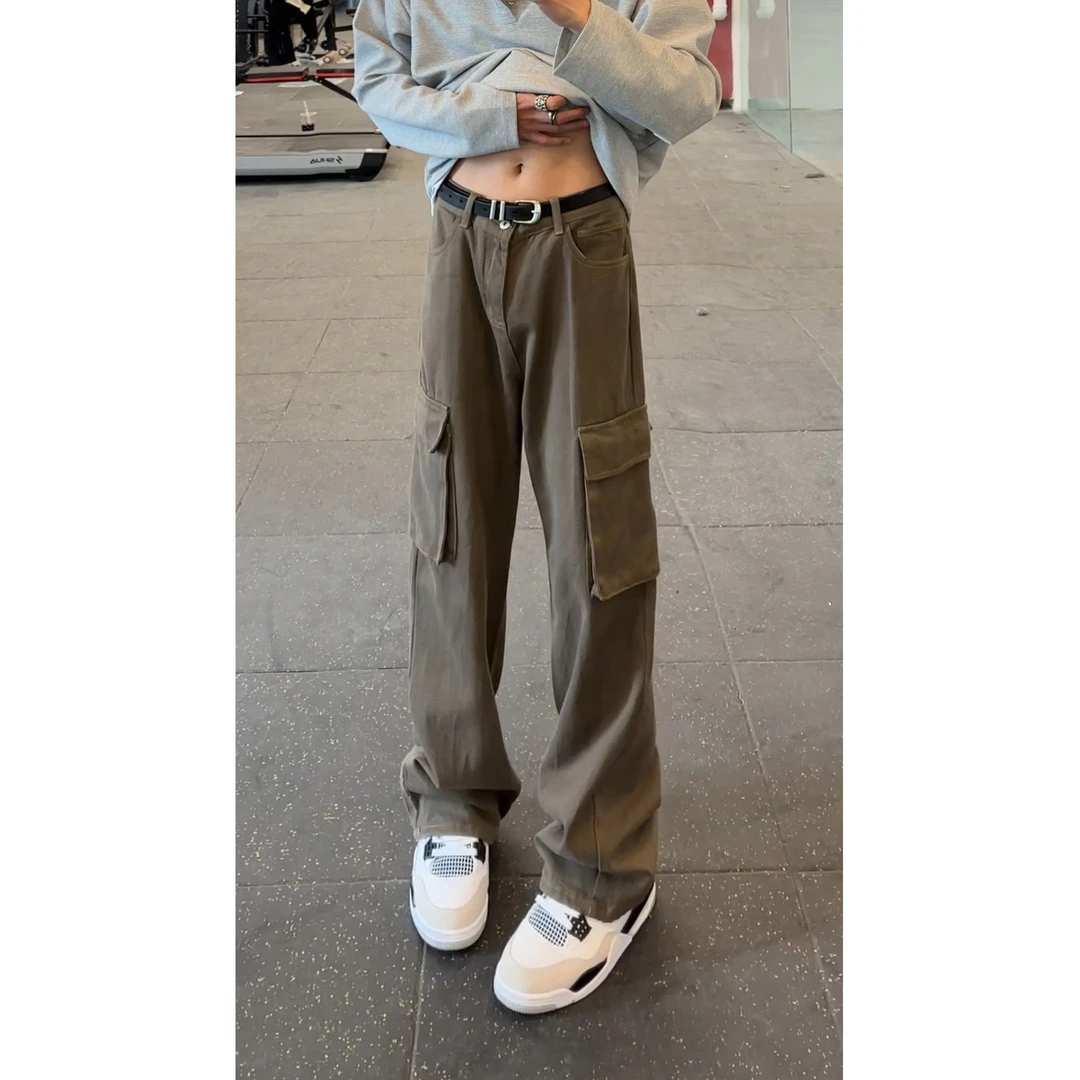 美式复古微喇牛仔裤cleanfit多口袋工装裤男款春秋美拉德棕色裤子