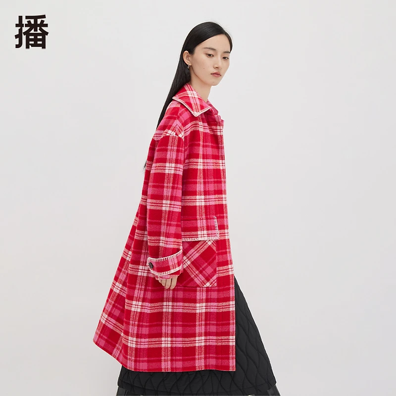 【陈嘉尔专属】播衬衫领休闲毛呢外套长袖中长款格子翻领BDQ4AD1142
