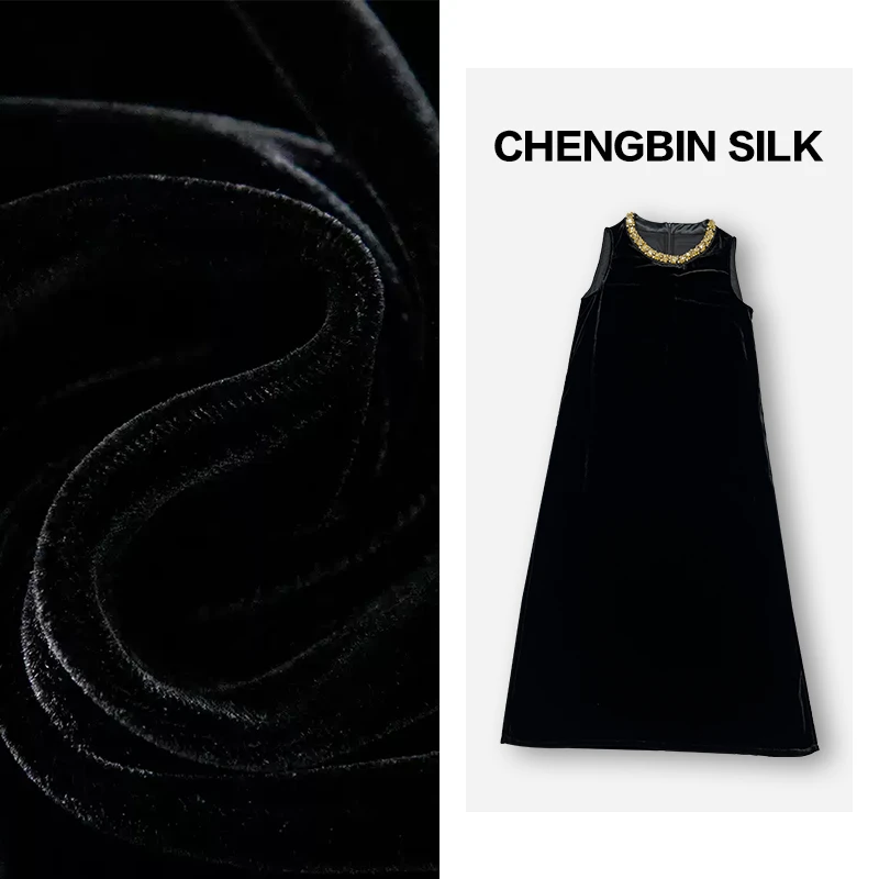 A字版型连衣裙长裙重磅桑蚕丝丝绒手工订钻领子无袖圆领薄款2498