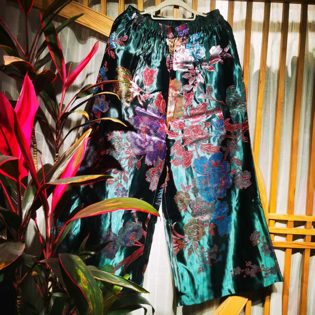 凤徕兮私人定制彩色缎面暗纹全松紧加衬蓝色直筒裤(HK001-12)