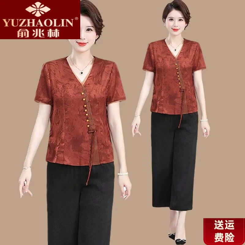 俞兆林新中式妈妈套装新款新款中老年仿仿香云纱仿真丝上衣女小个
