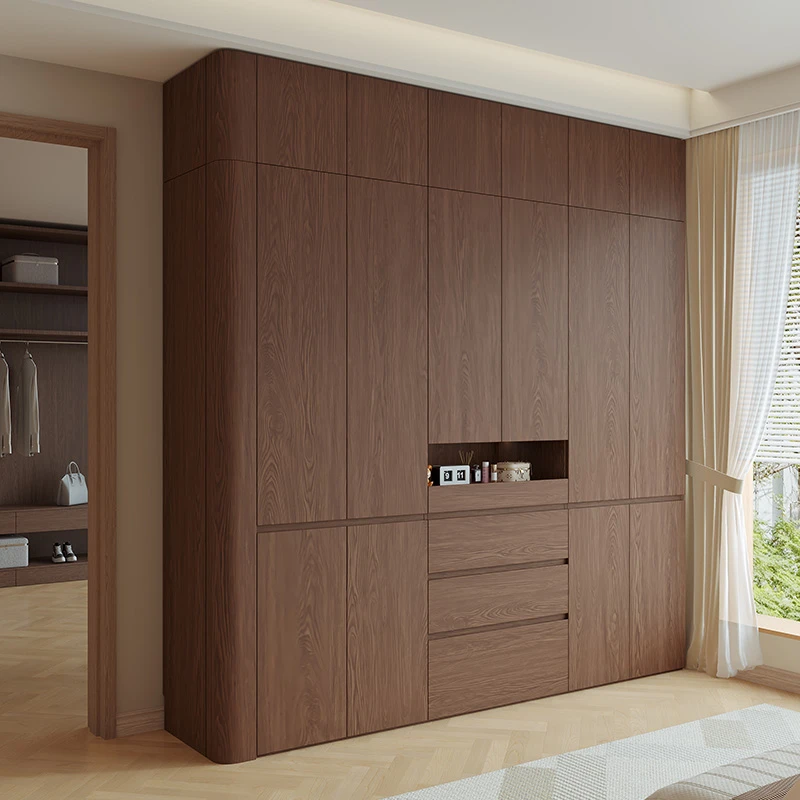 橡木全实木圆弧衣柜新款2025爆款中古风衣柜家用卧室直播第一名