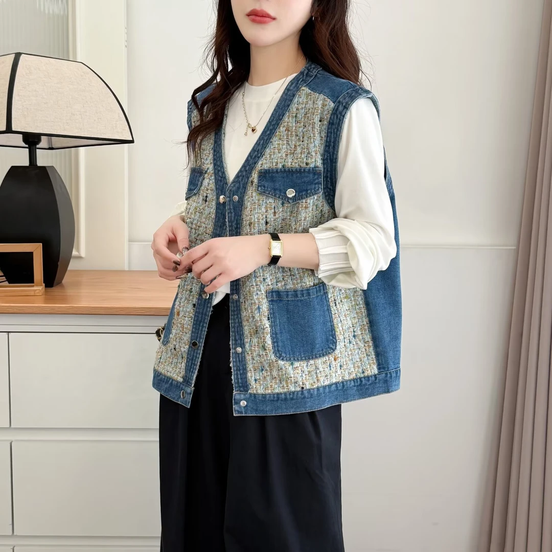 春季大码女装新款休闲编织重工牛仔马甲工字型纽扣简约百搭坎肩