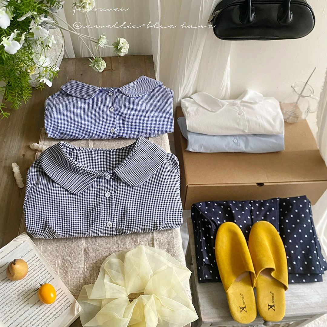 甜心布蕾特色减龄格子娃娃领衬衫女秋花边蛋糕摆长袖系带衬衣上衣