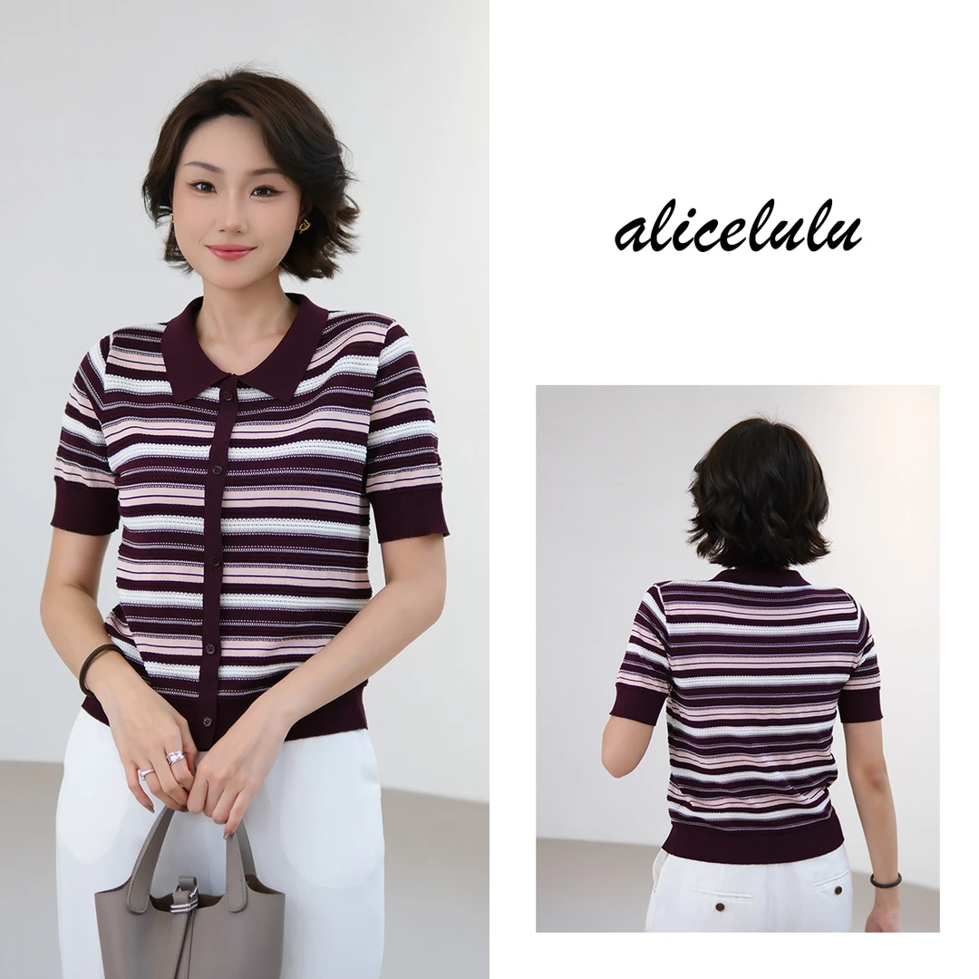 1 alicelulu 美式条纹短袖针织衫时尚洋气翻领修身S2142632L