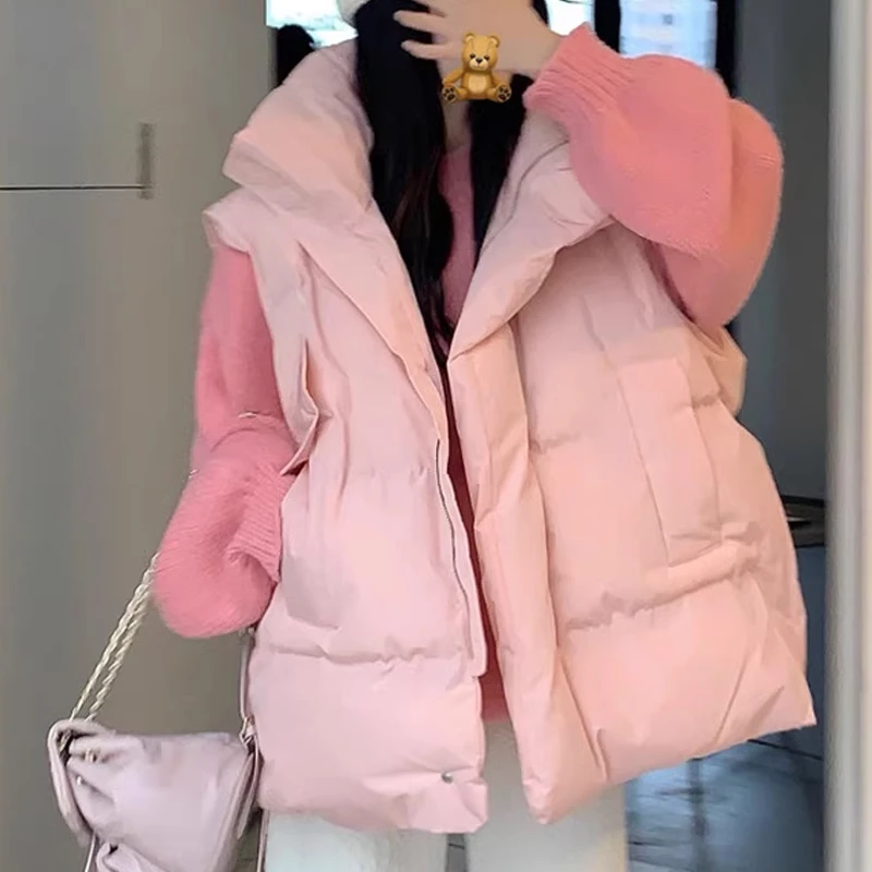 粉色马甲女秋冬外穿2026年新款宽松外搭背心马夹坎肩无袖棉服外套