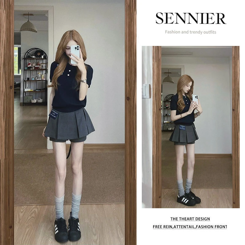 时尚穿搭女2025夏季新款学院风修身短袖上衣显瘦百褶短裙两件套装