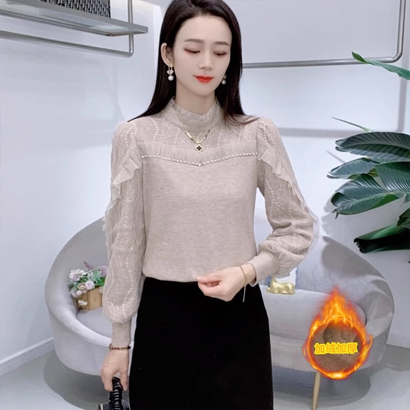 套头针织打底衫女2025秋冬新款蕾丝泡泡袖洋气小衫荷叶边显瘦上衣