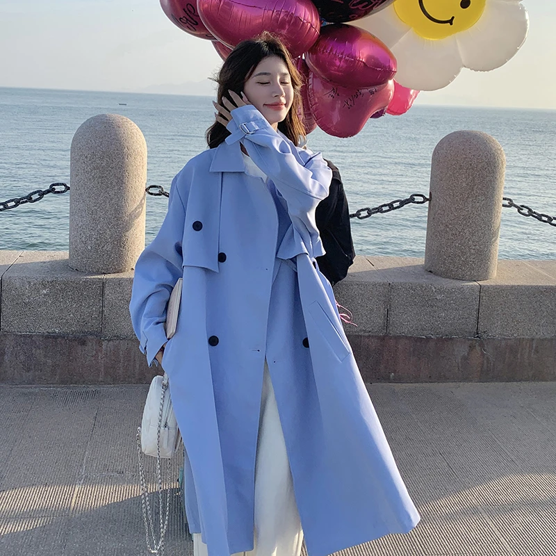 蓝色韩版时尚设计感拼接风衣外套女2025春季新款长款气质通勤大衣